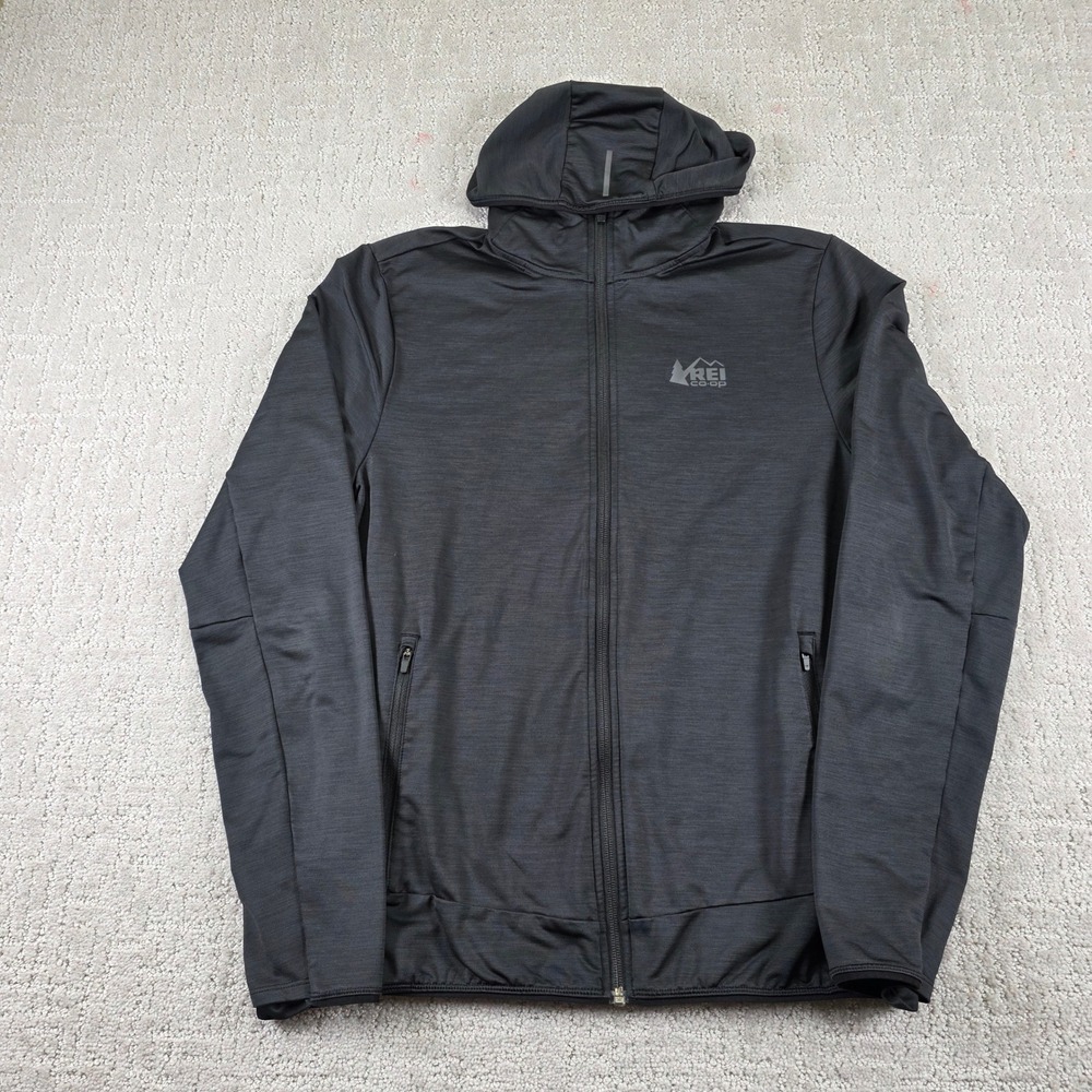 REI Co-op Mens Small Black Full Zip Grid Fleece Hoodie Active Jacket Reflective